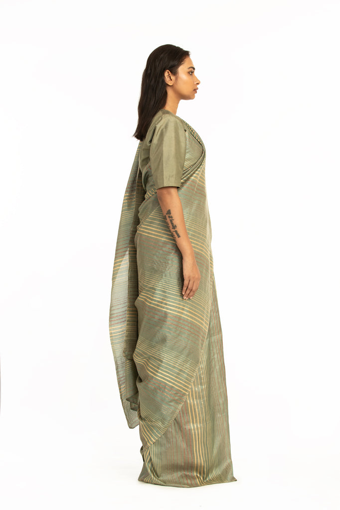 Handwoven Green Pale Striped Silk Saree