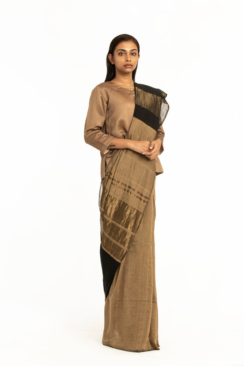 Handwoven Beige Brown Engineered Cotton Saree