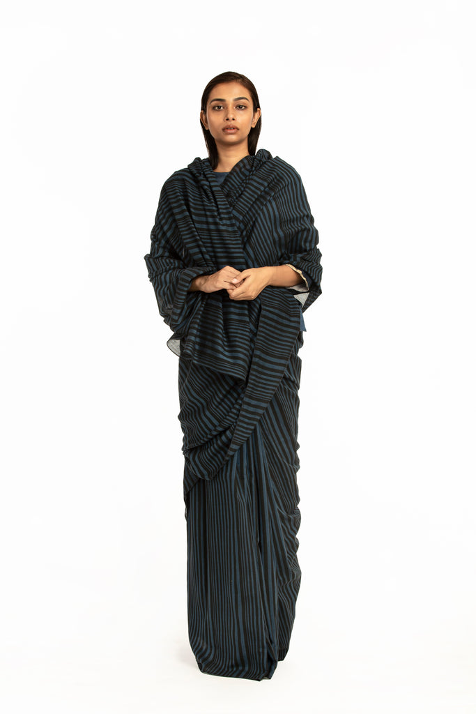 Handwoven Striped Blue Black Cotton Saree
