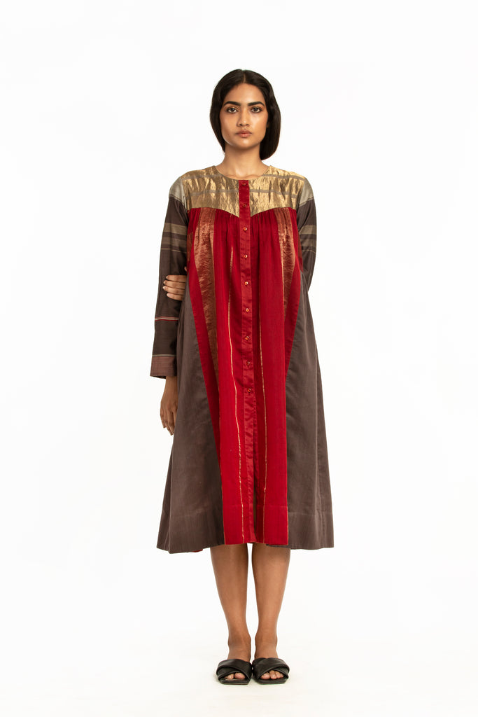 Handwoven Brown Red Front Back Gathered Dress