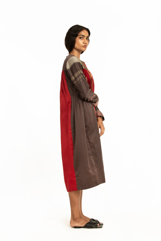 Handwoven Brown Red Front Back Gathered Dress