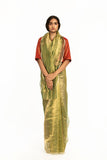 Handwoven Liquid Molten Green Gold Metallic Saree