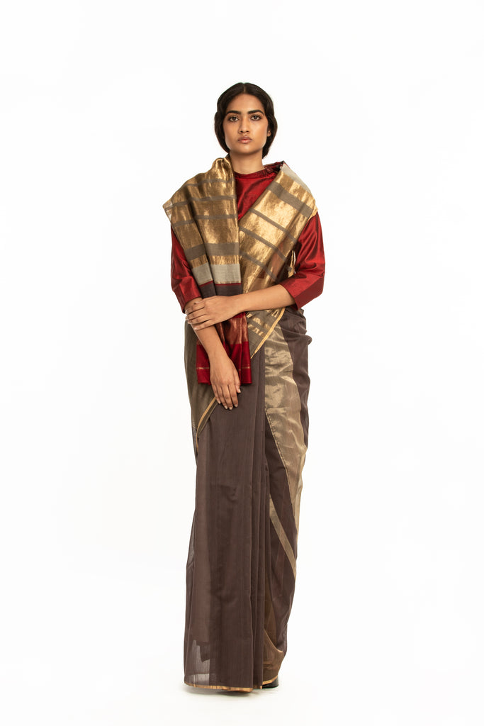 Handwoven Brown Red Gold Engineered Saree
